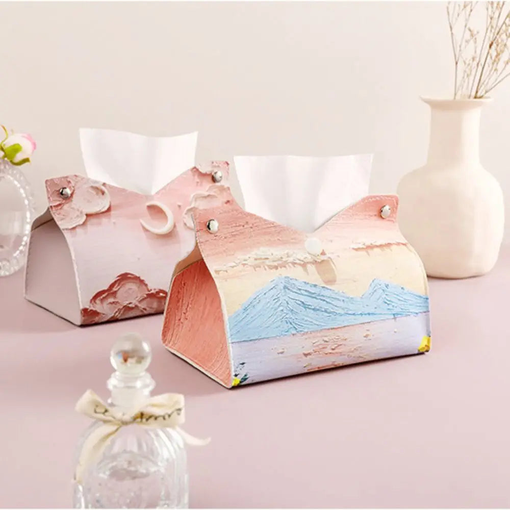 Aesthetic Leather Pink Tissue Case Large Storage Oil Painting Paper Towel Box Creative Durable Napkin Holder Home